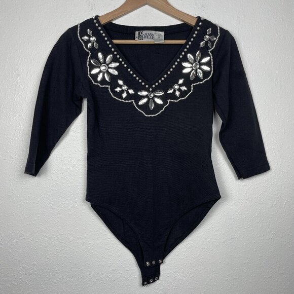 Vintage 80s Glam Rhinestone & Pearl Beaded Bodysuit - Size Medium - Picture 2 of 7